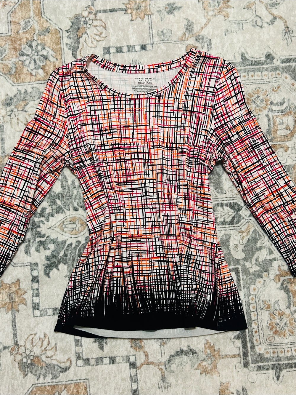 Investments Essentials Printed Long-Sleeve Scoop Neck Top - Pink, Orange & Black